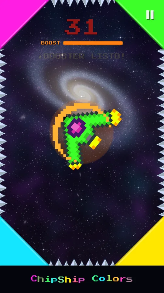 Green ship with the booster charged and the “Booster ready!” message; the score is 31.
