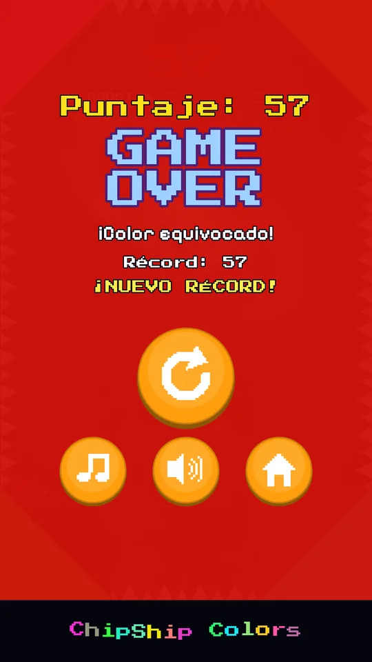 Game Over screen with the “Wrong color!” message and a new high score of 57.