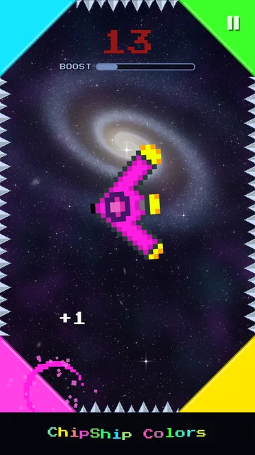 Gameplay: the magenta ship spins in the middle of a galaxy, with the score at 13 and the boost bar.