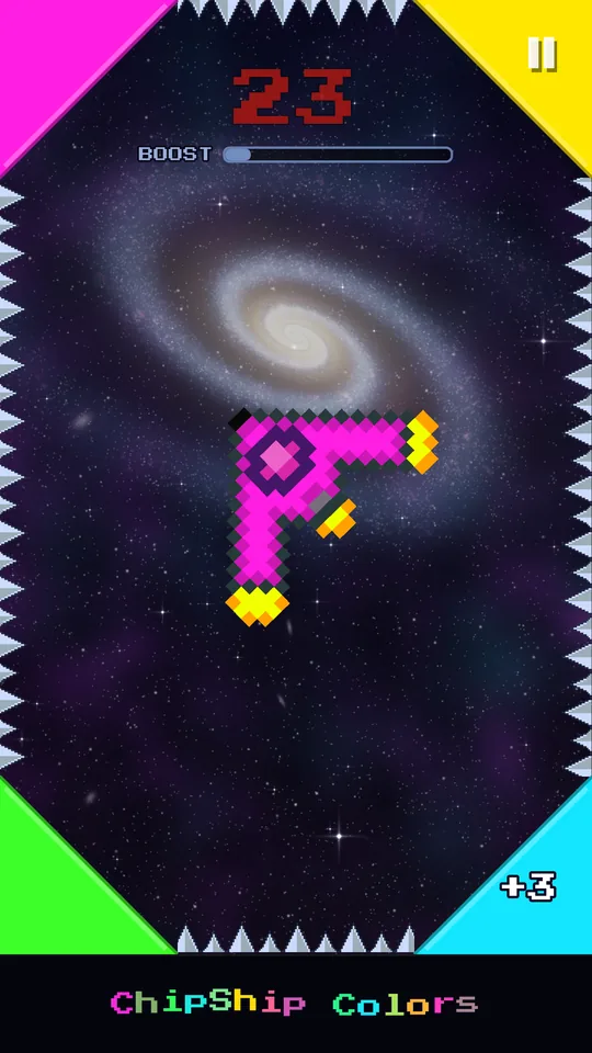 The magenta ship aims at the magenta corner; the score is 23.