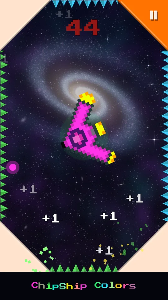Corners and spikes change color around the magenta ship; the score is 44.