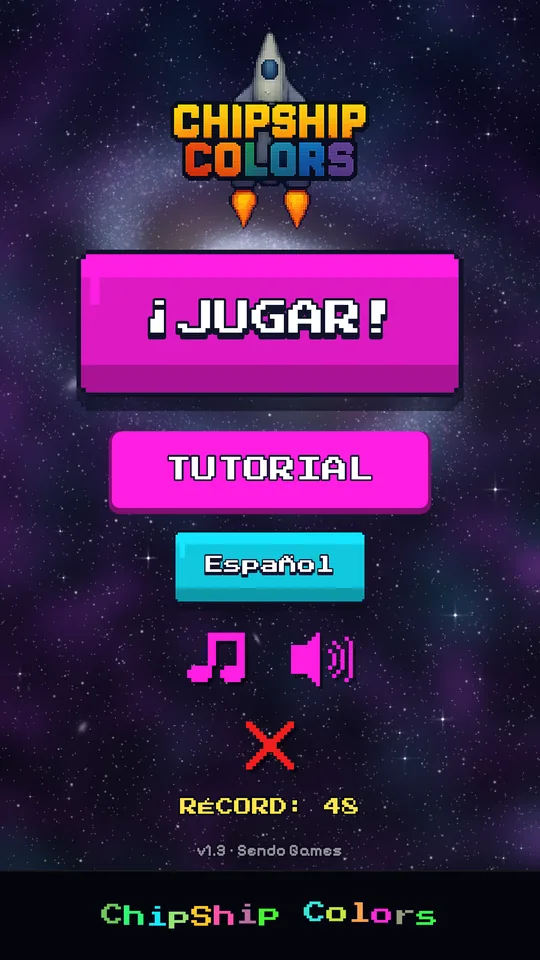 ChipShip Colors main menu with Play, Tutorial, language selector, music and sound buttons, and the high score.