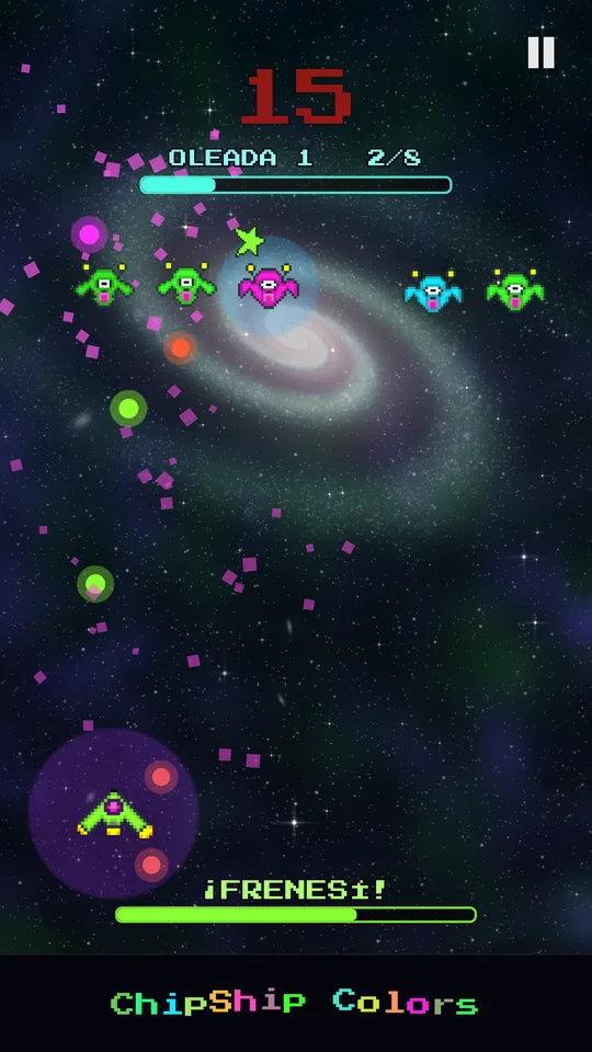 Wave mode: the ship shoots at a row of pixel-art aliens, with the Frenzy bar.